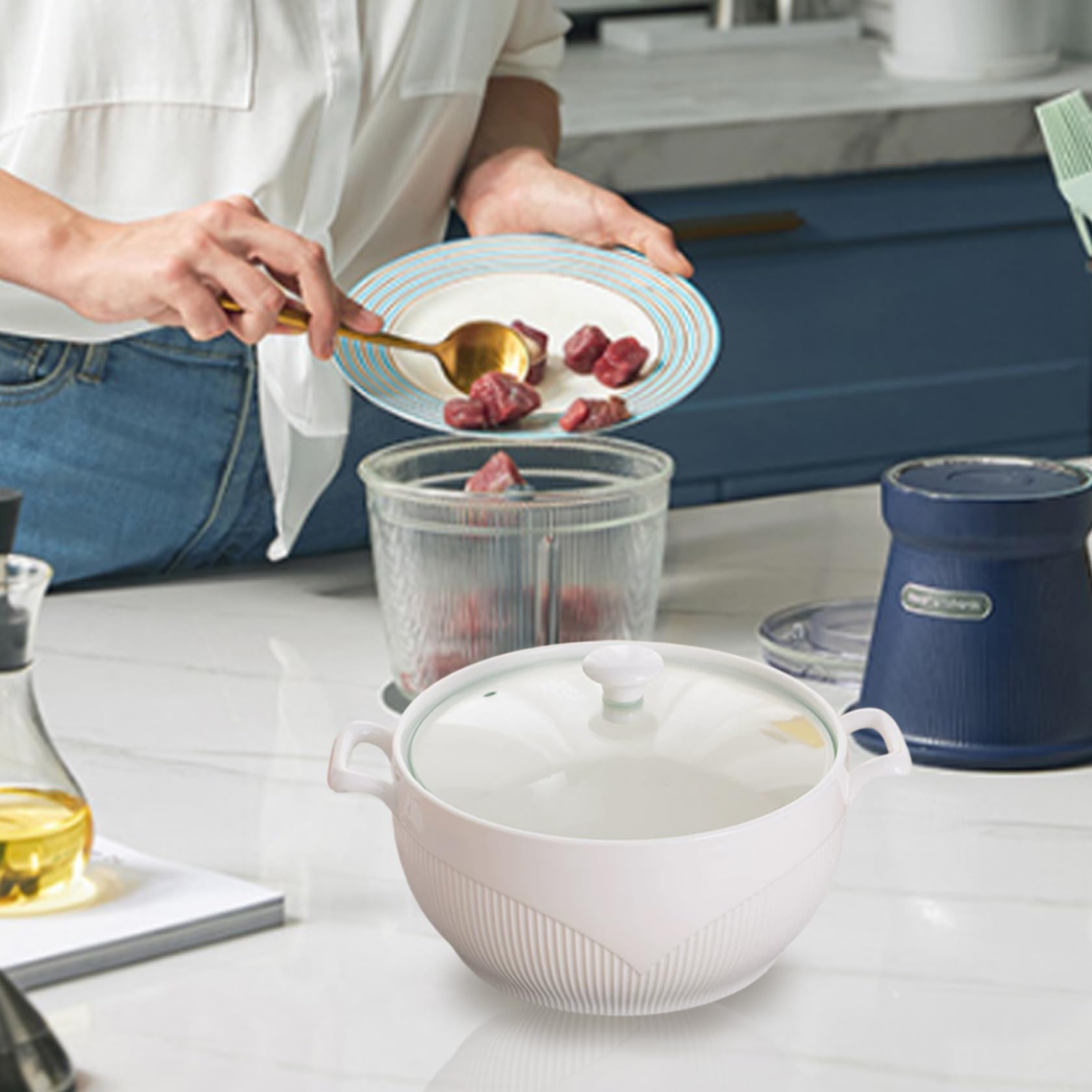 Soup Tureen Bols de service ronds en céramique de 2600 ml avec couvercles Bols à soupe résistants à la chaleur avec poignées Passe au micro-ondes pour la cuisine la maison du restaurant |.Accessoi
