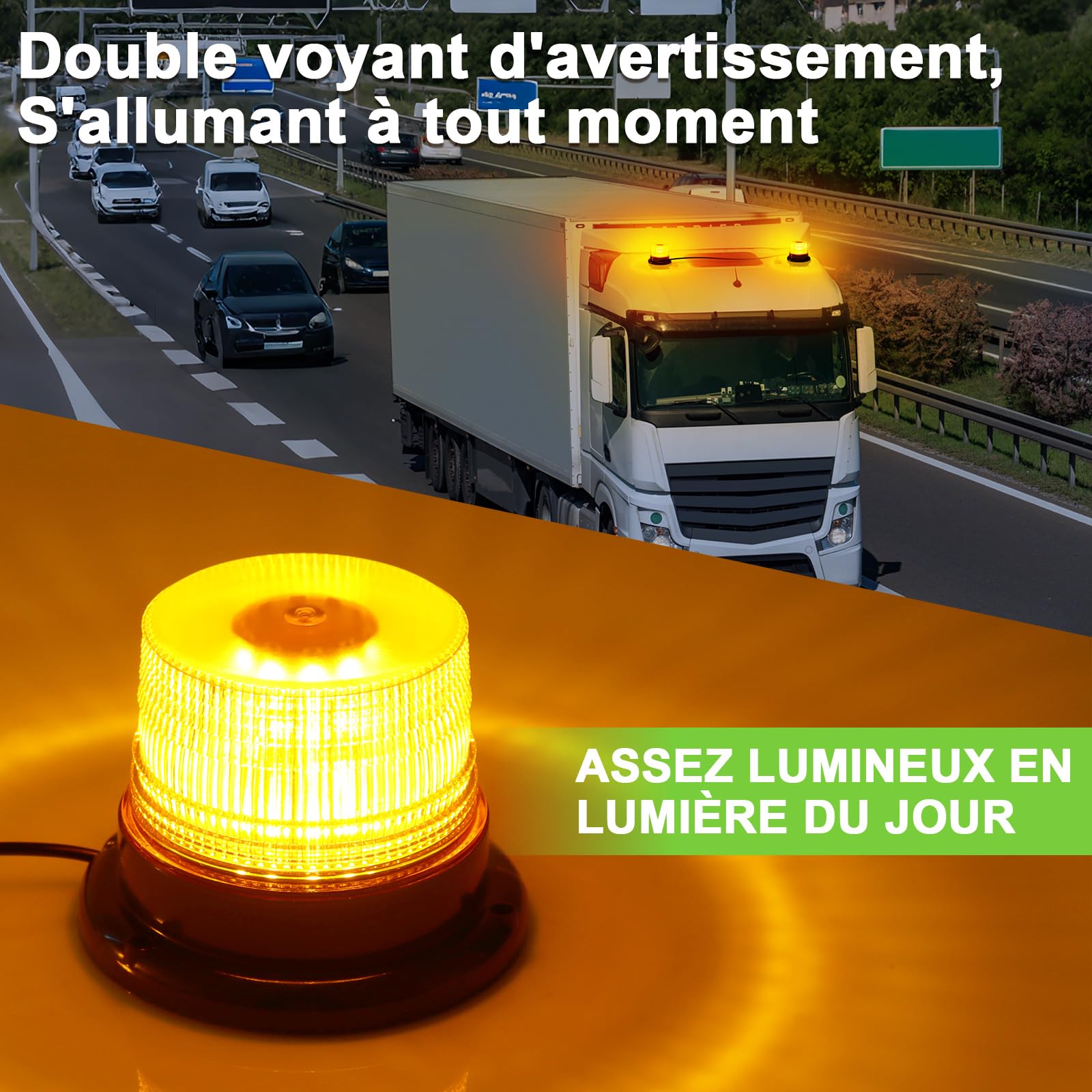 Gyrophare LED Magnétique Orange 12-24V pour Tracteur, Lot de 2 | IP67 Étanche, Câble 4,8 m Allume-Cigare, 7 Modes de Flash, pour Chantier et Camion