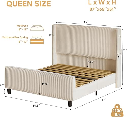 Miniatura 2 de Marco de Cama Tamaño Queen con Cabecero, Cama de Plataforma Tapizada con Cabecero Alto Tipo Wingback y Pie de Cama, Marco de Cama de Pana con