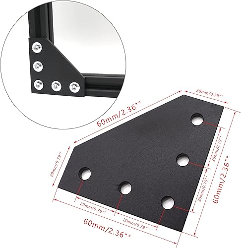 Miniatura 2 de 10 placas de soporte de esquina negras serie 2020 de 5 agujeros en forma de L con 50 tuercas M5 T + 50 tornillos M5 x 0.315 in + 1 llave para ranura
