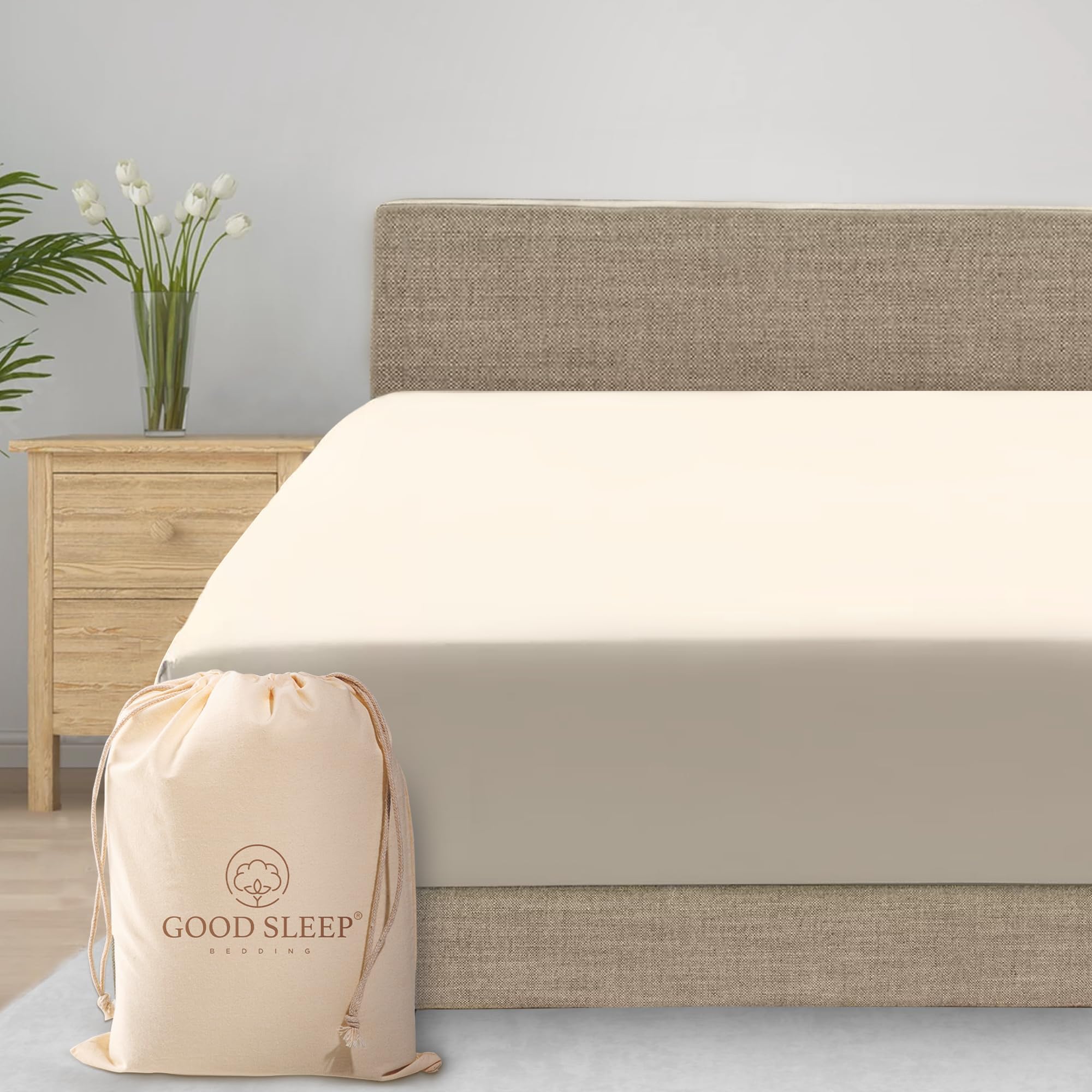 Good Sleep BeddingXL Twin Fitted Sheet - Soft & Breathable Extra Long Twin Fitted Sheets Only, 1000 TC, 100% Egyptian Cotton Fitted Sheet, 16" Deep Pocket Fitted Twin XL Sheets College Dorm - Ivory