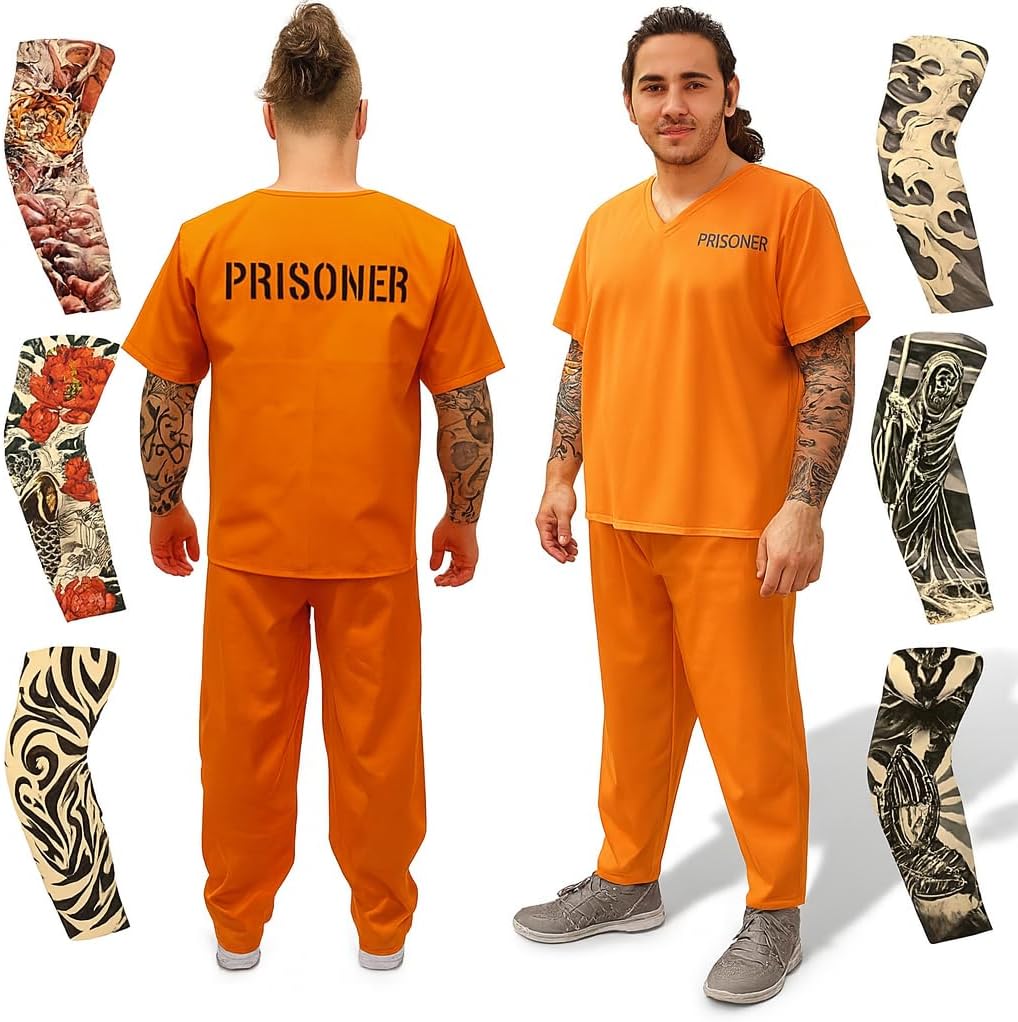 ArtCreativity Orange Prisoner Costume with 6 Outlaw Sleeve Tattoos for Men - Size Medium - Adults Jailbird Inmate Criminal Short-Sleeve Shirt and Pants for Halloween, Role Play, Theme Parties