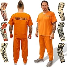 ArtCreativity Orange Prisoner Costume with 6 Outlaw Sleeve Tattoos for Men - Size Medium - Adults Jailbird Inmate Criminal Short-Sleeve Shirt and Pants for Halloween, Role Play, Theme Parties
