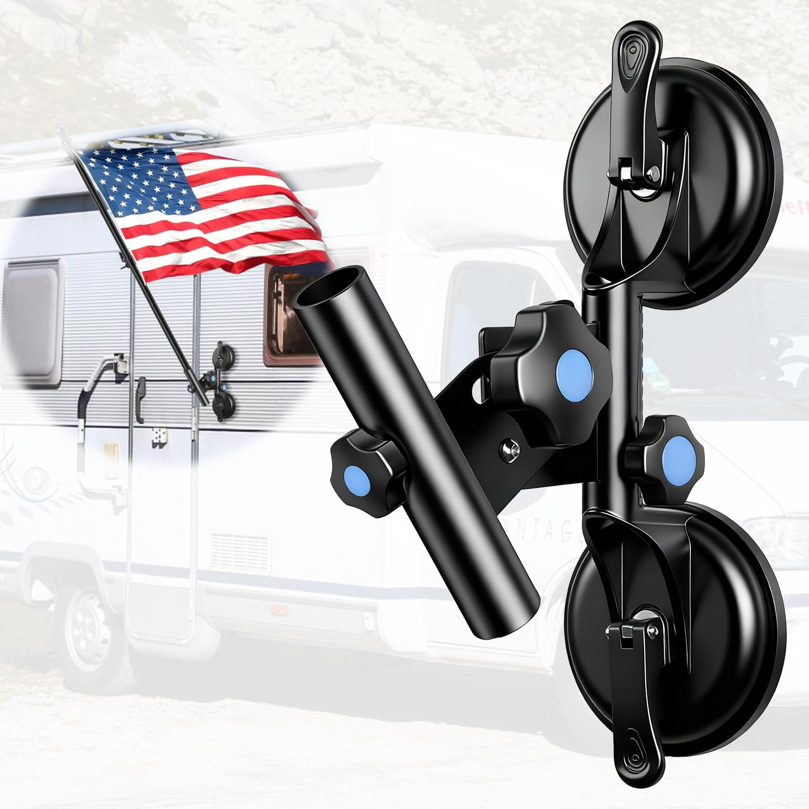 Photo 1 of BOHMR Suction Cup Flag Holder for Rv, Rv Flagpole Mount Kit with Angle Adjustable, Quick Flag Pole Mount Kit for Holds Flags,Heavy Duty Flagpole Holder for Camper, Truck, Trailer, Yacht,Boat,Black