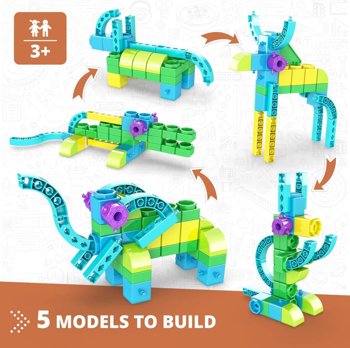 Engino: STEAM Labs Junior: Learning About…Wild Animals - 5 Model Toy Brick Building Set, Facts Storybook & Number Activities, Stack & Click, Kids 3+