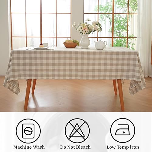 Miniatura 3 de Alsoo Mantel rectangular lavable a cuadros de algodón y lino a cuadros para picnic, cocina, comedor, beige y blanco, 60 x 75 pulgadas