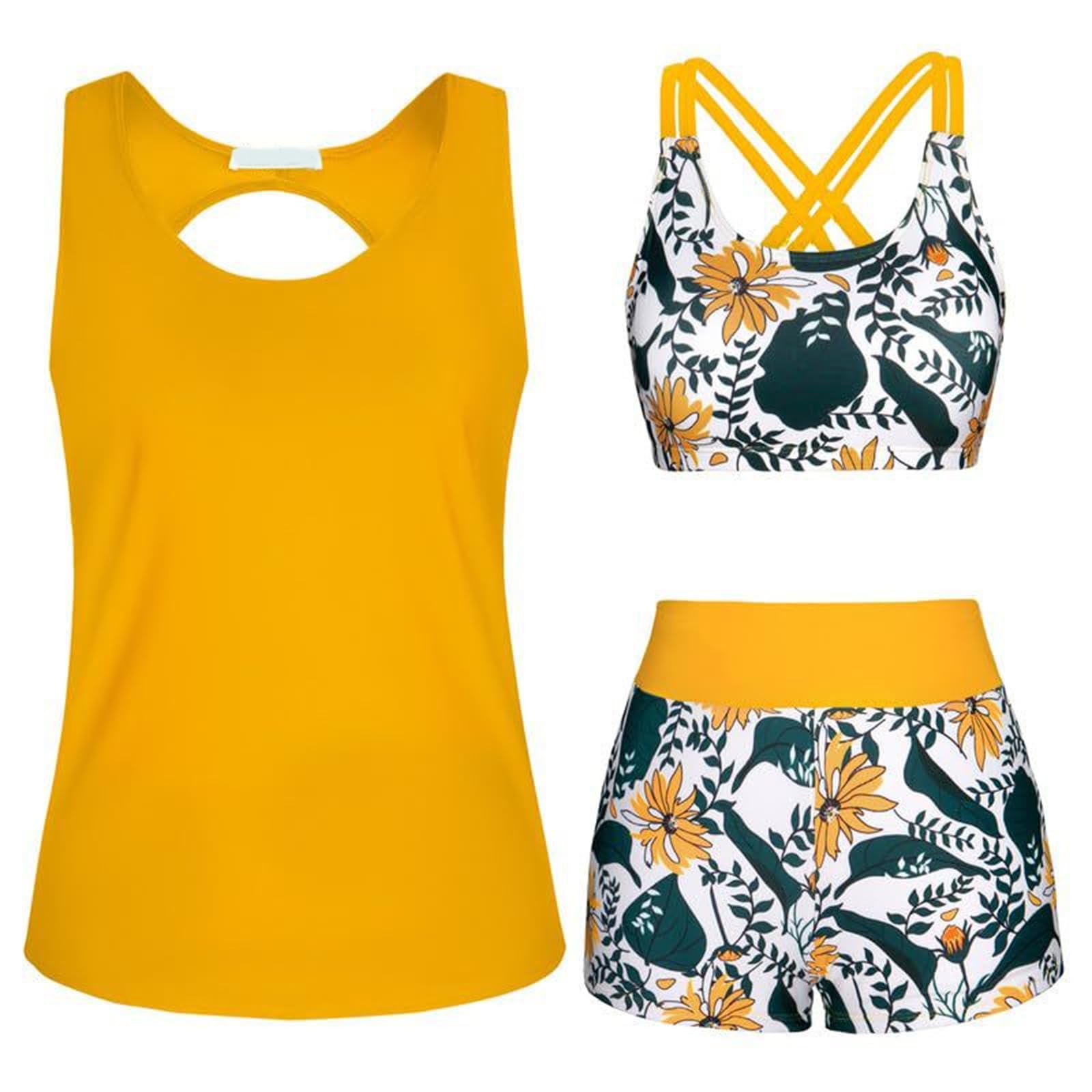 CAZSTYK Push Up Swimsuits 3 Pcs Split Bathing Suit Flowers Print Swimwear Female Tankini Swimsuit for Beachwear Women Tankini Swimsuit
