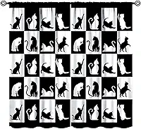 Cortinas blackout para gatos modernas preto e branco silhuetas de gato fofas engraçadas casa de fazenda rústica crianças meninos quarto sala de estar cozinha varão bolso decoração cortinas de