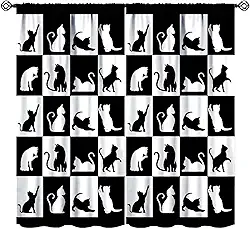 Cortinas blackout para gatos modernas preto e branco silhuetas de gato fofas engraçadas casa de fazenda rústica crianças meninos quarto sala de estar cozinha varão bolso decoração cortinas de