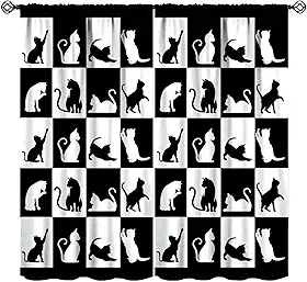Cortinas blackout para gatos modernas preto e branco silhuetas de gato fofas engraçadas casa de fazenda rústica crianças meninos quarto sala de estar cozinha varão bolso decoração cortinas de