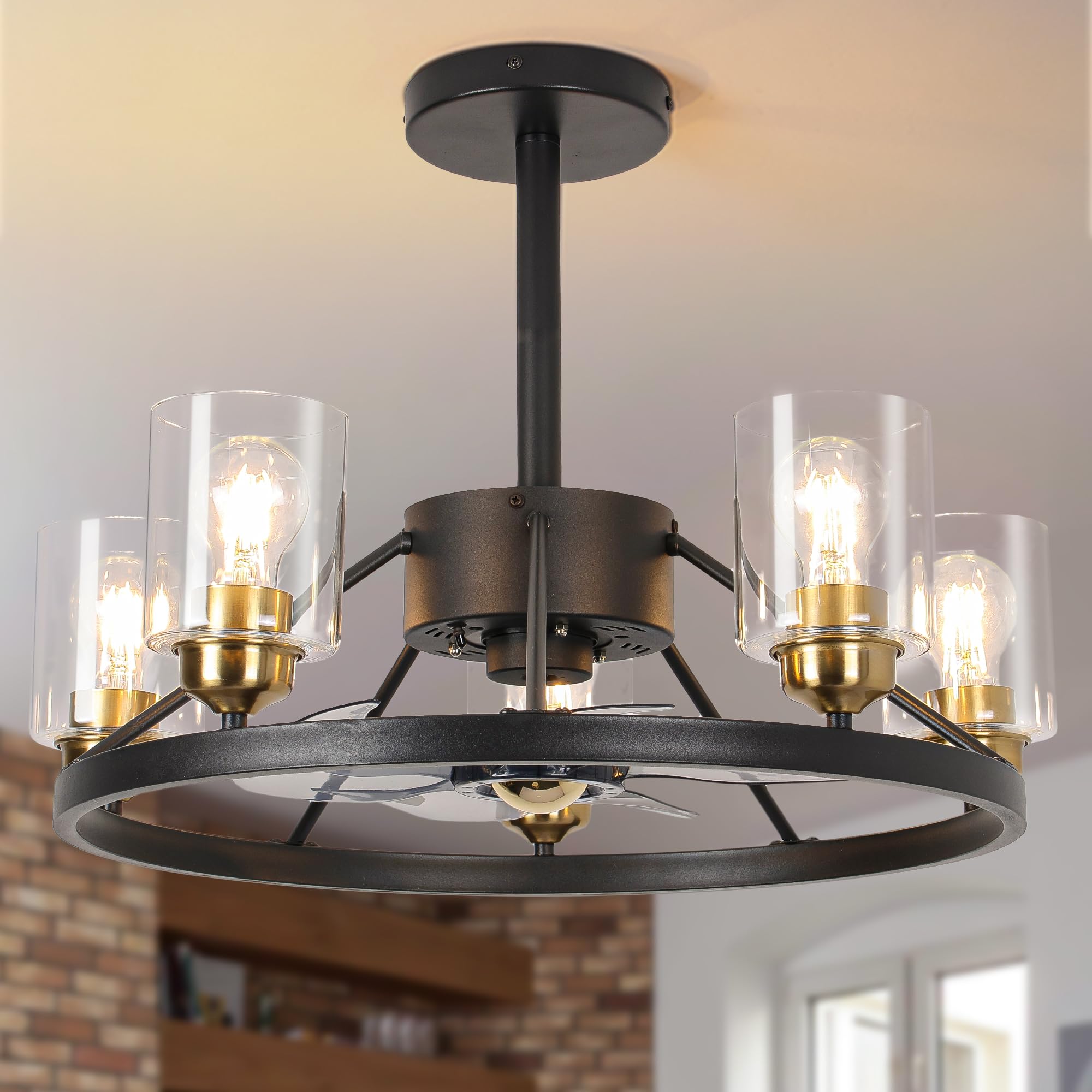 24" chandelier ceiling fans with lights and remote, modern black gold fan lights ceiling fixtures, 5 glass lampshades, 3-speed industrial fandelier for living room kitchen dining room