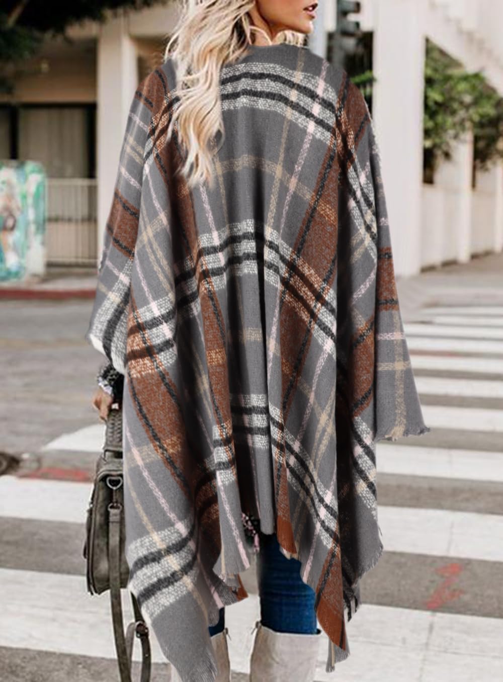 Bestshe Women's Boho Open Front Poncho Knitted Plaid Shawl Wrap Cape Tassel Cardigan Sweater - Image 3