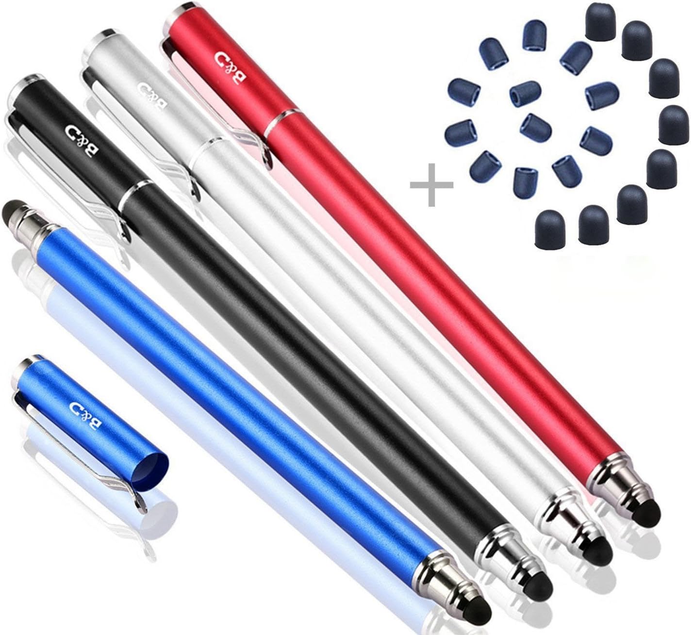 Bargains Depot Capacitive Stylus / Styli 2-in-1 Universal Stylus Pens for All Touch Screen Tablets / Cell Phones with 20 Extra Replaceable Soft Rubber Tips (4 Pieces, Black/Red/Silver/Blue) : Electronics