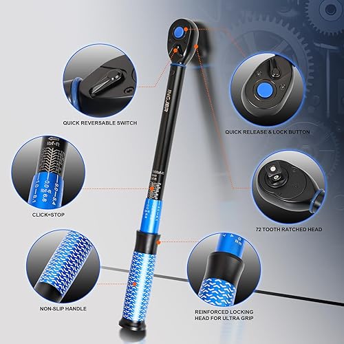 Miniatura 2 de UPGRADE - Llave dinamométrica de clic de 1/2 pulgada, 10-180 pies libras, llave dinamométrica de doble dirección ajustable de 72 dientes