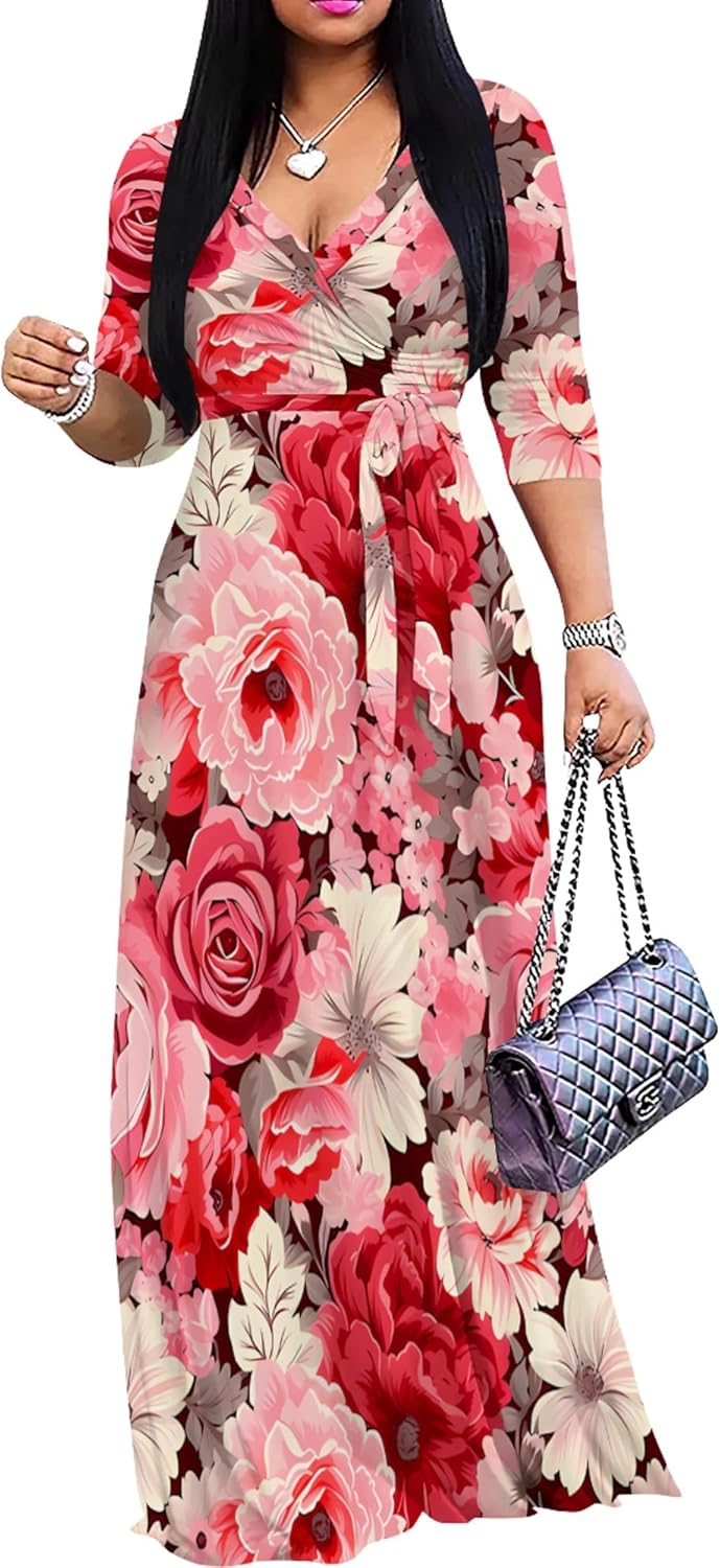 PinkPatty Women's Plus Size Maxi Dresses 3/4 Sleeves Bohemian Long Dress Printed Swing Dress with Belt