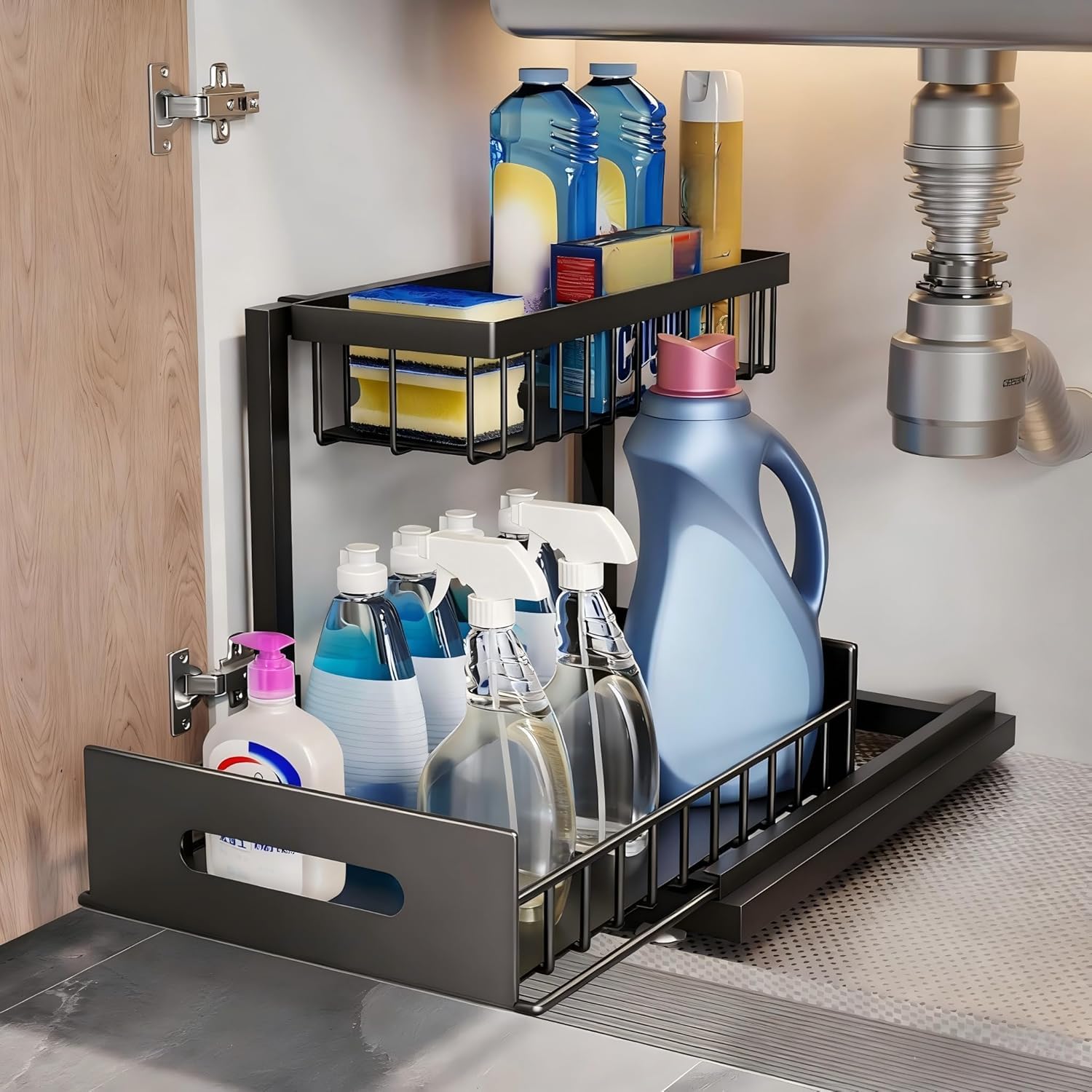Bnimtm Metal Under Sink Storage - 2 Tier Under Sink Storage Kitchen Organiser with Sliding Storage Drawer - Under Sink Organiser with Upgrade Suction Cups Stay On Cupboard Firmly Plus Size