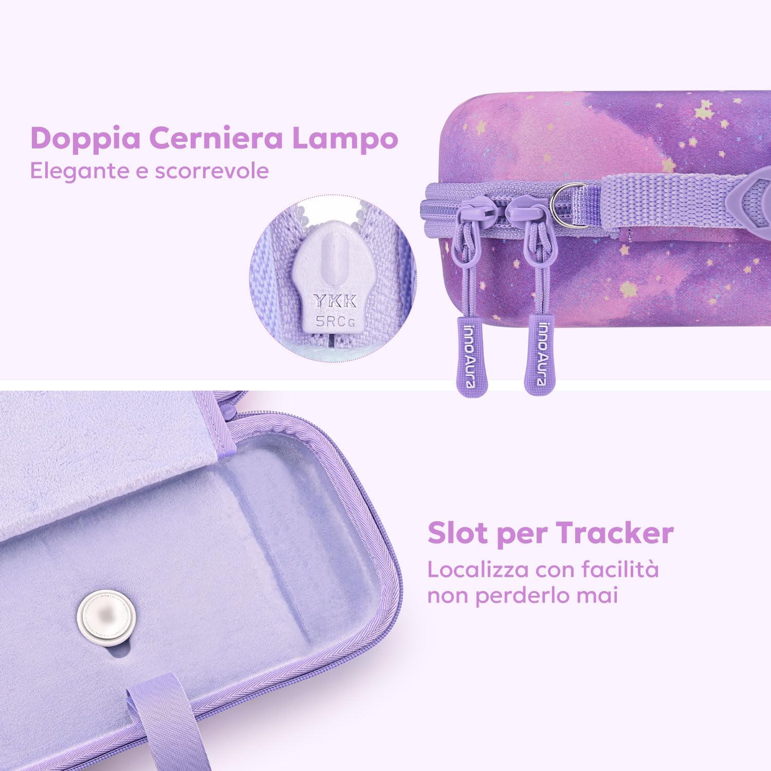 innoAura Custodia per Switch 2, Custodia da Trasporto in PU Resistente agli Schizzi e Antiurto per Switch 2, Tasca in Rete Extra Grande, Doppia Cerniera, Slot AirTag (Non Incluso), Viola Galaxy