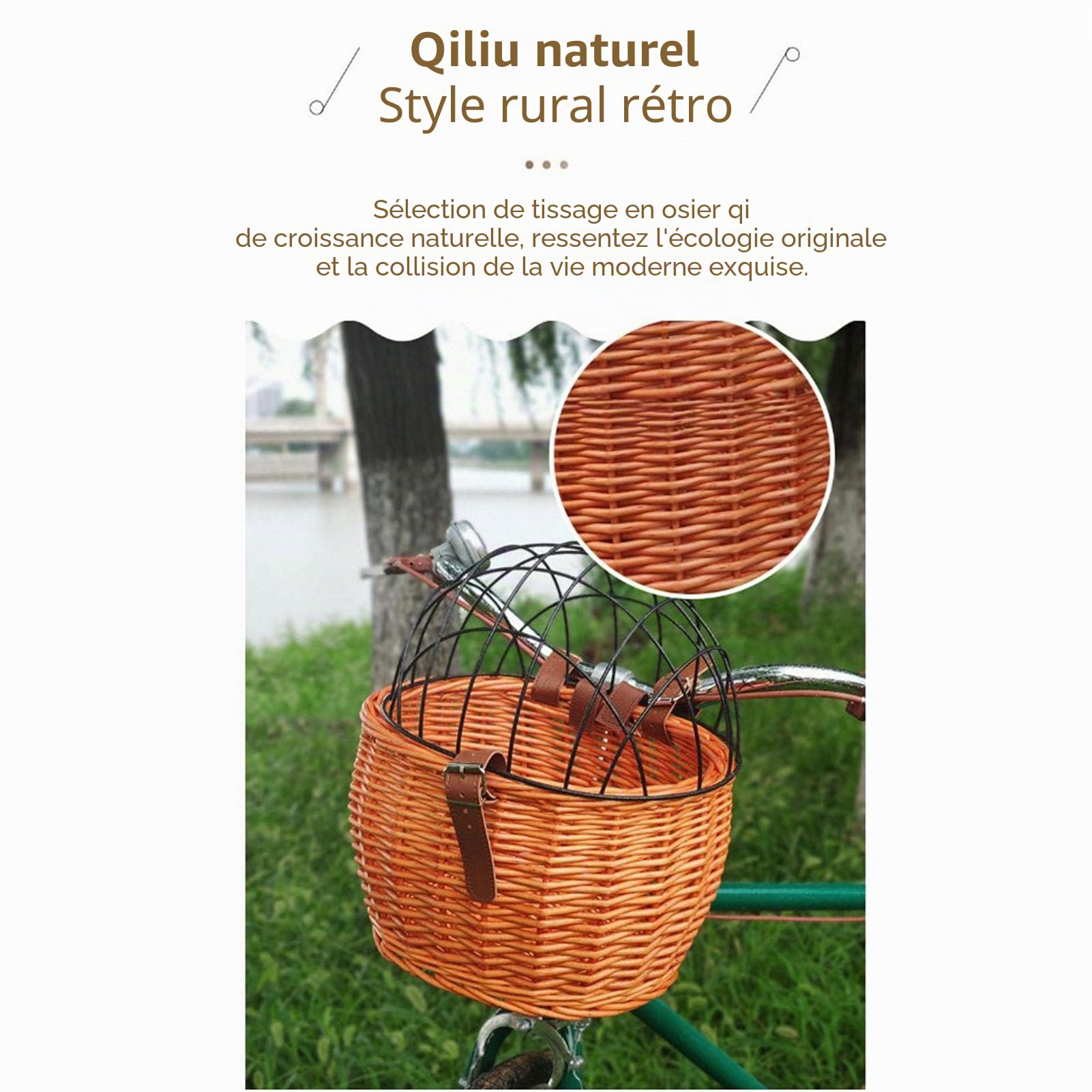 Panier de Vélo Avant Osier Naturel pour Animaux de Compagnie 30 x 25 cm