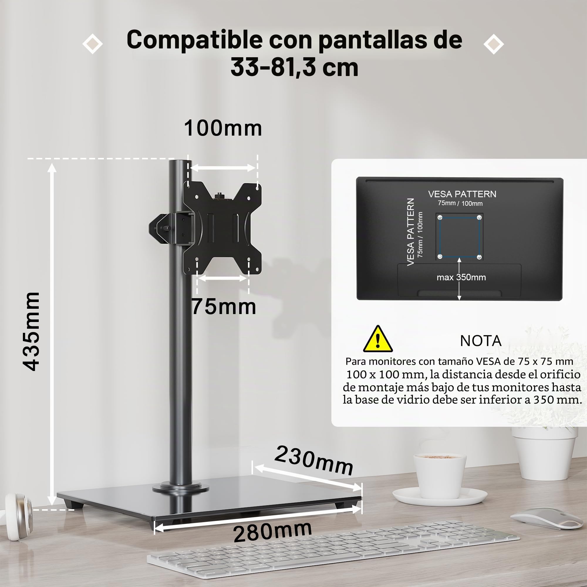 BONTEC Soporte Monitor de Brazo Único para Pantalla de 13-32 ”, Soporte Monitor Escritorio con Giro e Inclinación, Altura Ajustable, hasta10 kg, VESA 75/100 mm, Base de Vidrio Templado, para Oficina