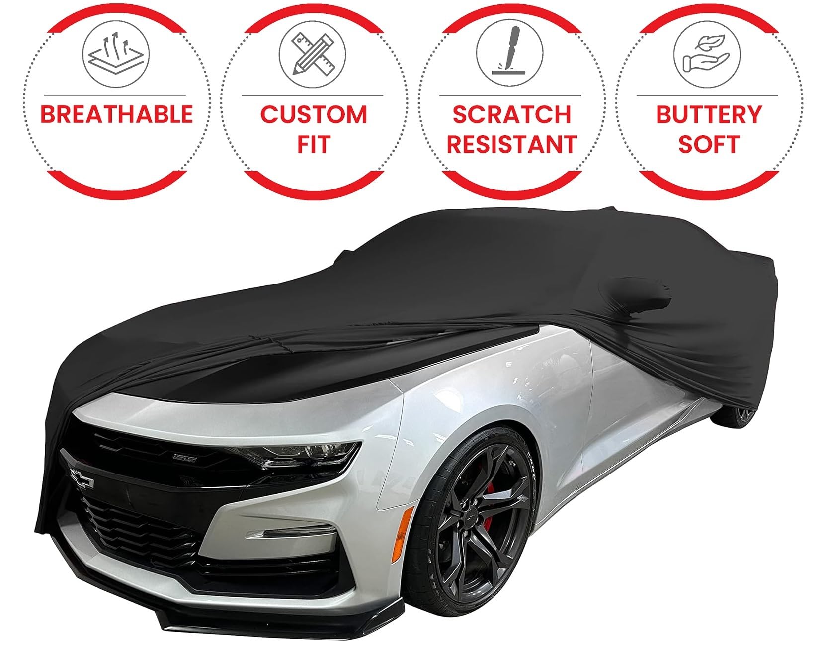 Camaro Indoor Car Cover - Ultraguard Stretch Satin Dust Cover The Ultimate Custom Fit for 2010-2024 Chevrolet Camaro SS, RS, ZL1, Z/28, LS, 1LT, 2LT, 3LT, LT1 (Black)