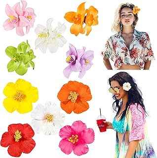 10 Pcs Hawaiian Flower Hair Clips for Women, Plumeria Hibiscus Hair Clips, 3.5 Inch Artificial Flower Clips for Vacation Party Beach Seaside