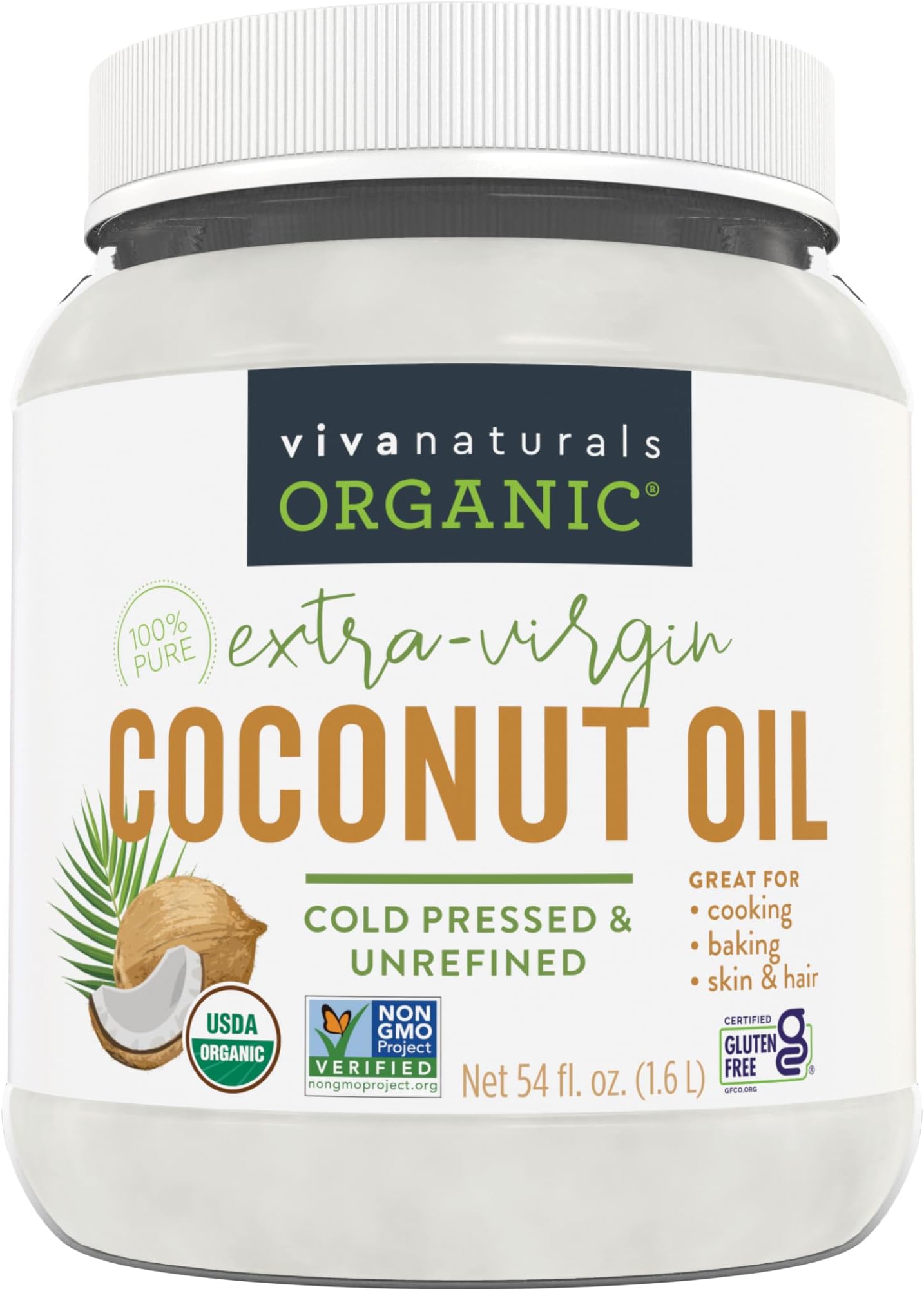 Organic Coconut Oil, 54 fl oz โ Unrefined, Cold-Pressed Extra Virgin Coconut Oil, USDA Organic & Non-GMO, Natural Cooking Oil, Hair Oil & Skin Oil