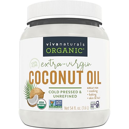 Viva Naturals Aceite de coco orgánico, 54 onzas líquidas, sin refinar, aceite de coco virgen extra prensado en frío, orgánico USDA y sin OMG, aceite