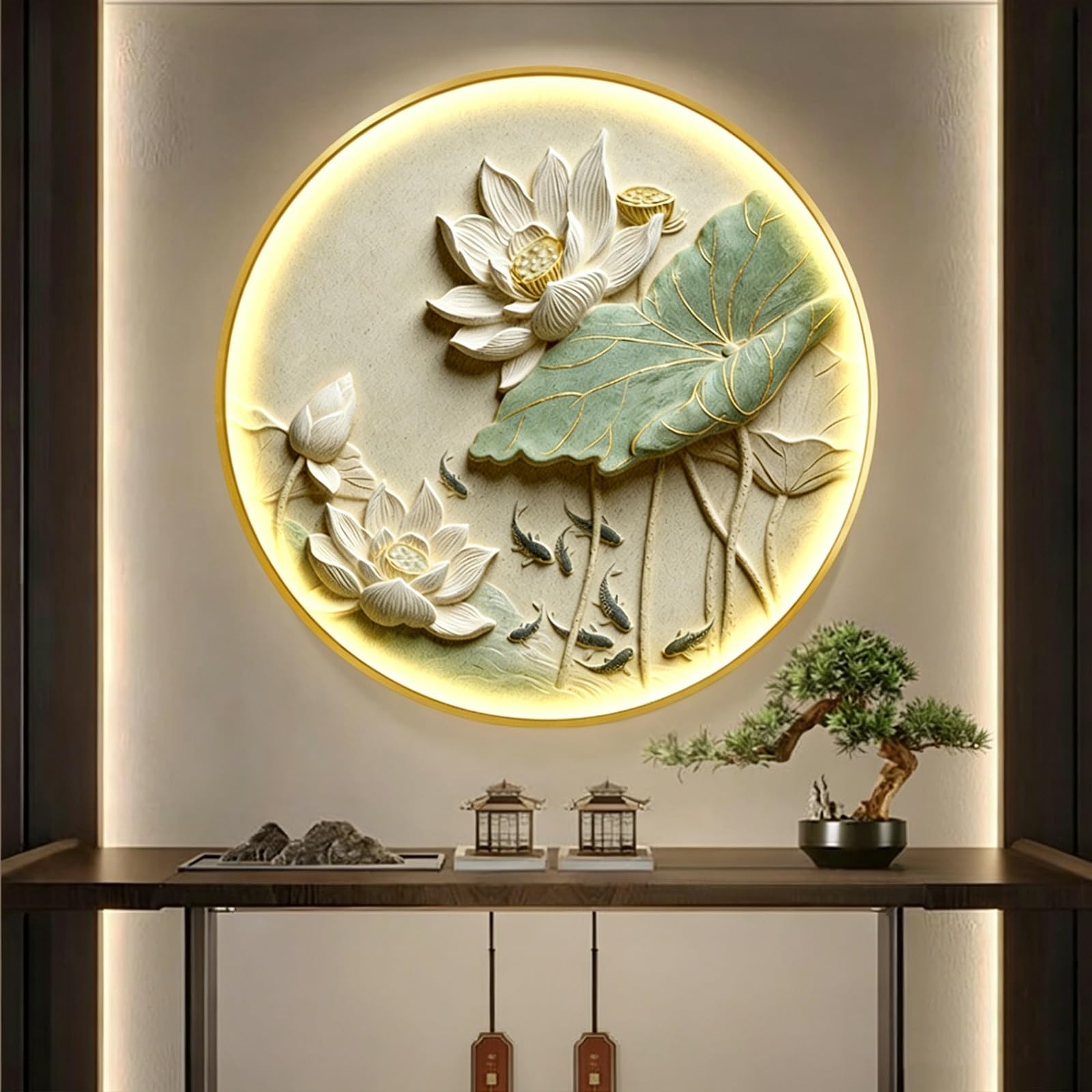 DAJIAYIQI 3D Lotus Sculpture Decoration with Lights, Framed Wall Painting Decor, Modern Artwork Lotus Koi Fish Wall Sculpture Decoration, for Home Entrance Hallway(D,50cm/19.6in)