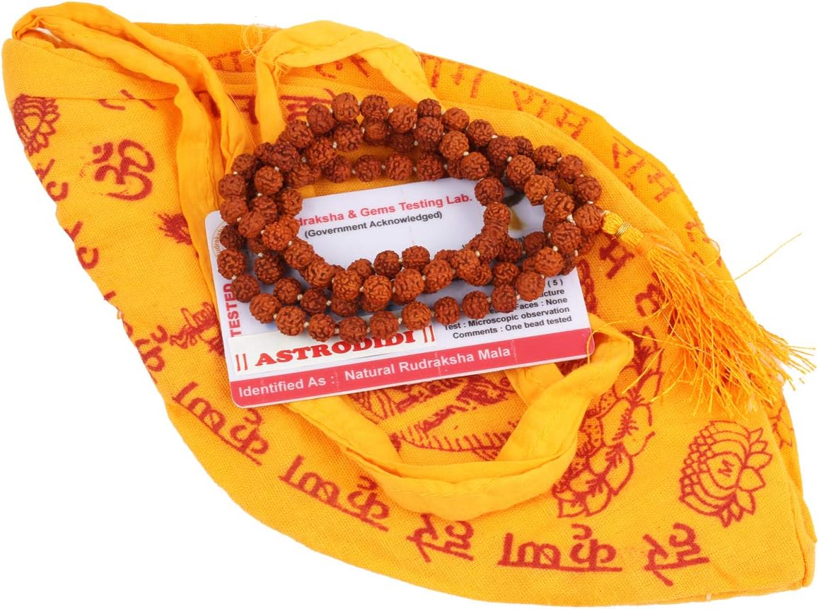 ASTRODIDI 5 Mukhi Rudraksha Mala With Gomukhi Bag for Mantra Jaap and Wearing | Lab Certified 108+1 Beads Five Face Panchmukhi Mala for Men and Women (Color: Brown, Size 7-8 MM)