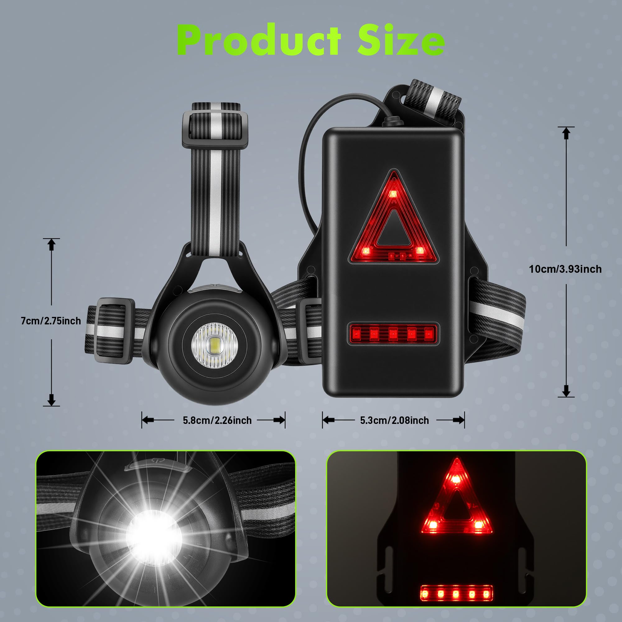 JIZZU Luce Ricaricabile USB per Corsa, 3 Modalità, Impermeabile, Ruotabile 90°