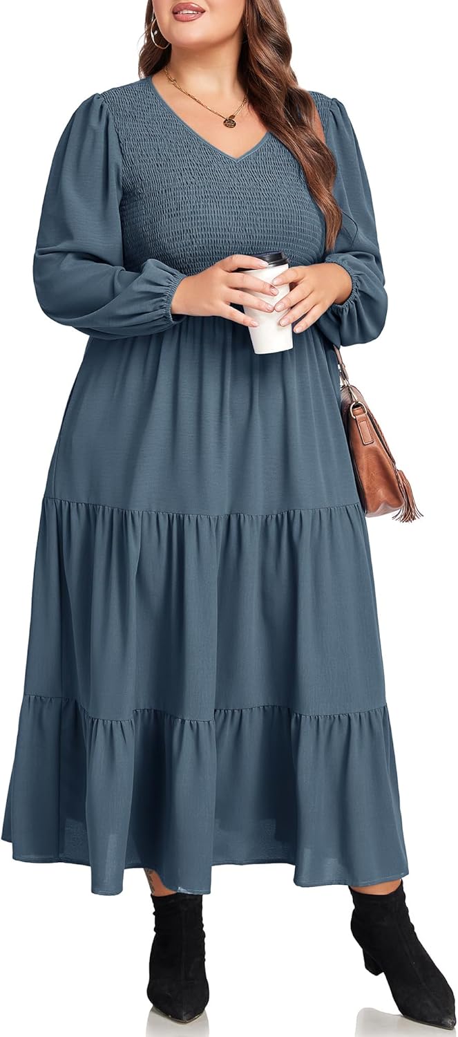 Hanna Nikole Women Plus Size Fall Dresses Long Sleeve V Neck Dress Maxi Casual Flowy Tiered 2025 Dress with Pockets - Image 6
