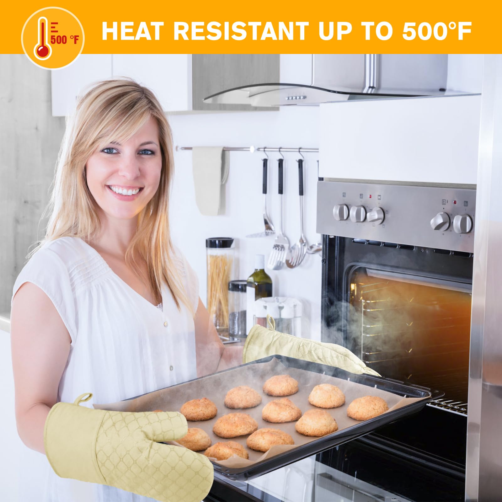 6 manoplas de horno y soportes para ollas, guantes de horno resistentes al calor de 260.0 °C con toallas de cocina, forro de algodón suave y superficie de silicona antideslizante, seguros para hornear