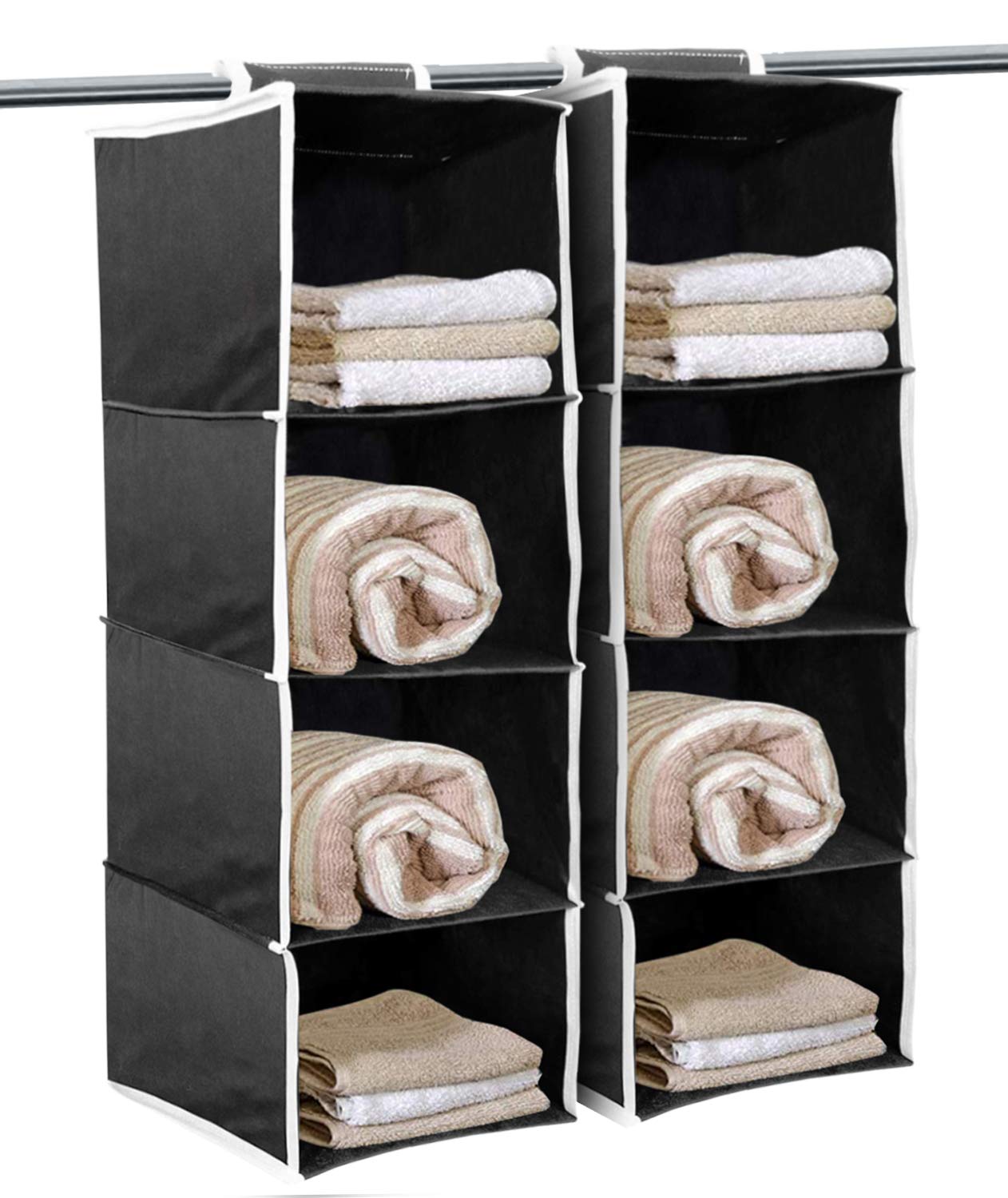 Kuber Industries Non Woven Hanging 4 Shelves Foldable Wardrobe/Closet Cloth Organizer (Black)-Pack of 2-KUBMART15330