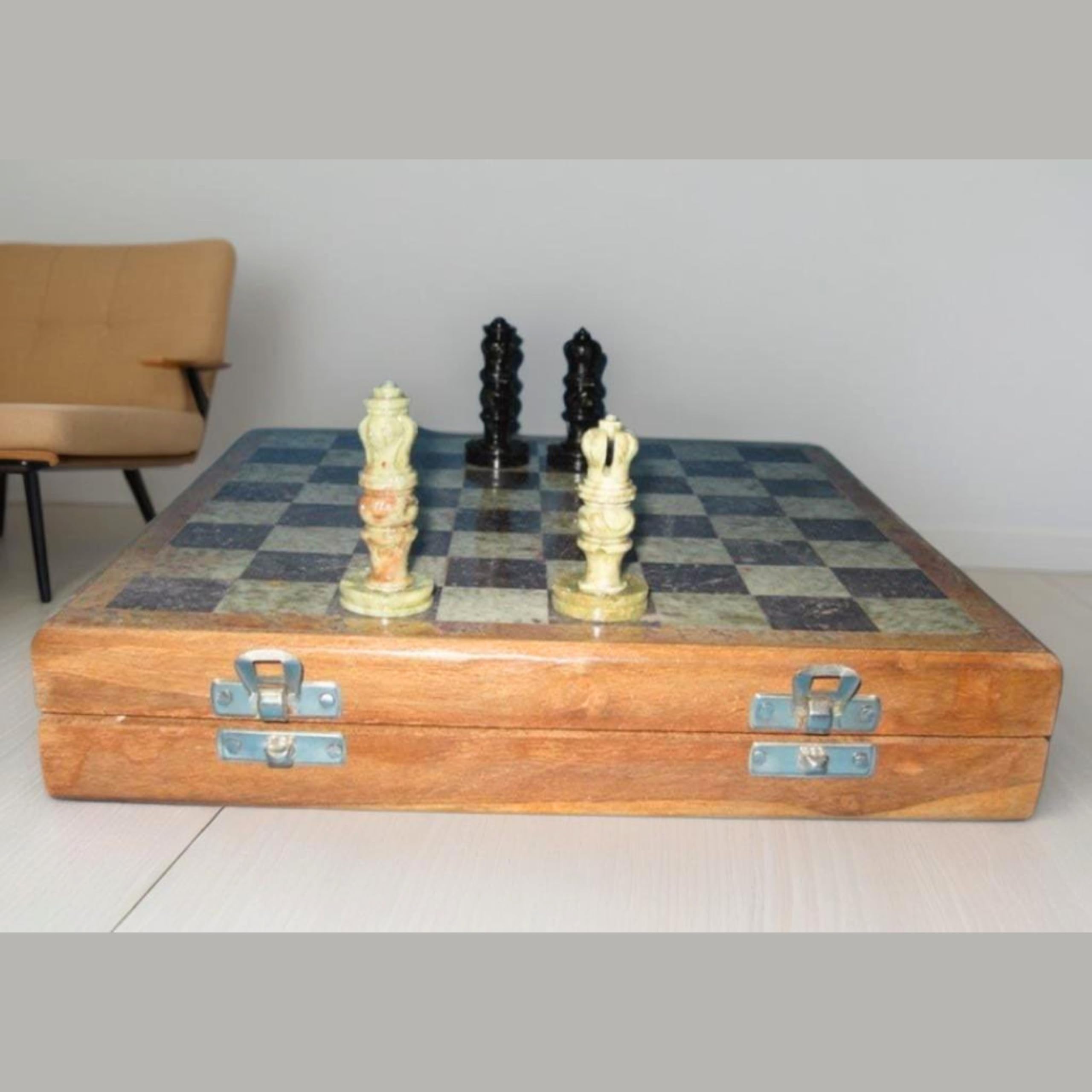Stone Inlay Chess Board Game Set 10 x 10 Inch with Wooden Base and Handcrafted Pieces – Handmade Decorative Chess Set for Home, Office & Travel, Classic Strategy Board Game Gift for Home Decor