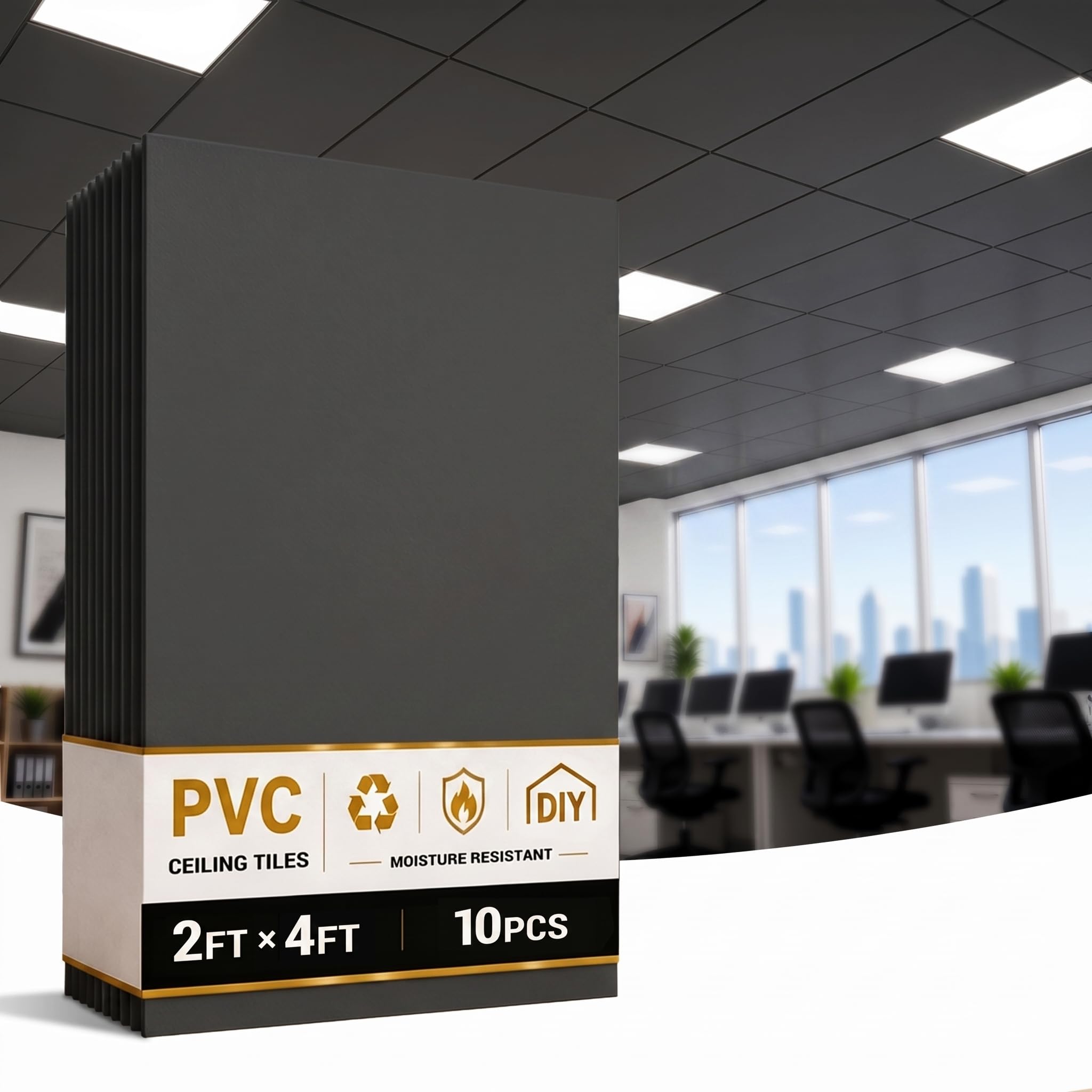 Azulejos de techo lisos de 2 x 4 pies para sistemas de techo de barra en T, azulejos de techo de PVC sin caída, impermeables y resistentes al fuego, fácil reemplazo, negro, paquete de 10 (cubre 80