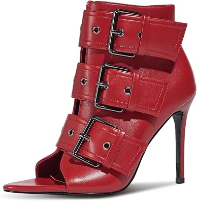 Womens Peep Toe Booties Sandals Stiletto Heel Ankle Boot Heeled Sandals Metal Buckle Side Zipper Sexy Dance Shoes Red 7.5