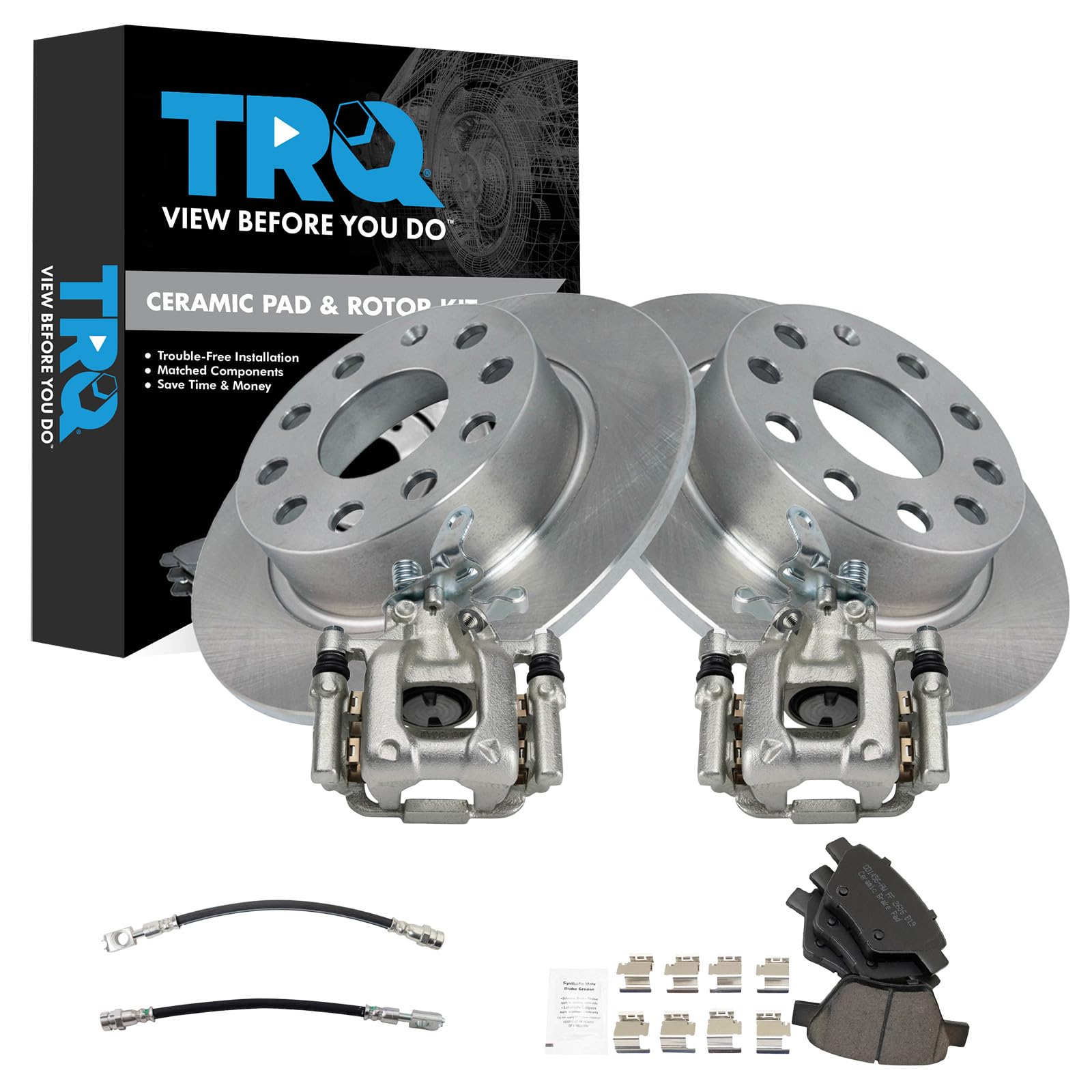 TRQ Rear Brake Pad and Rotor Set Ceramic Calipers Compatible with 2011-2013 Audi A3 2013 Volkswagen Beetle GTI 2012-2013 Jetta