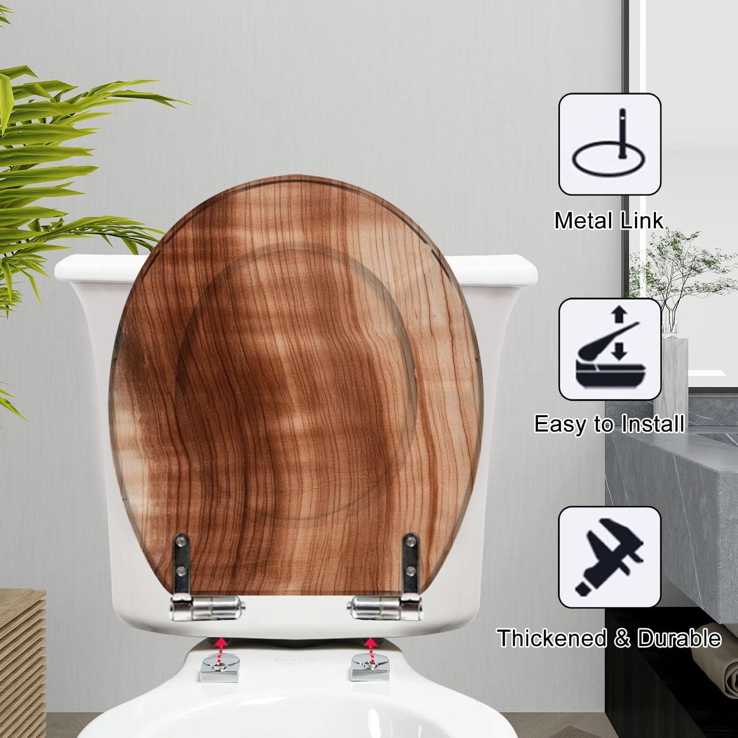 Round Toilet Seat Weathered hardwood board as design Resin Toilet Seat Slow Quiet Close with Quick-Release Hinges Toilet Seat with Cover Easy to Clean Install