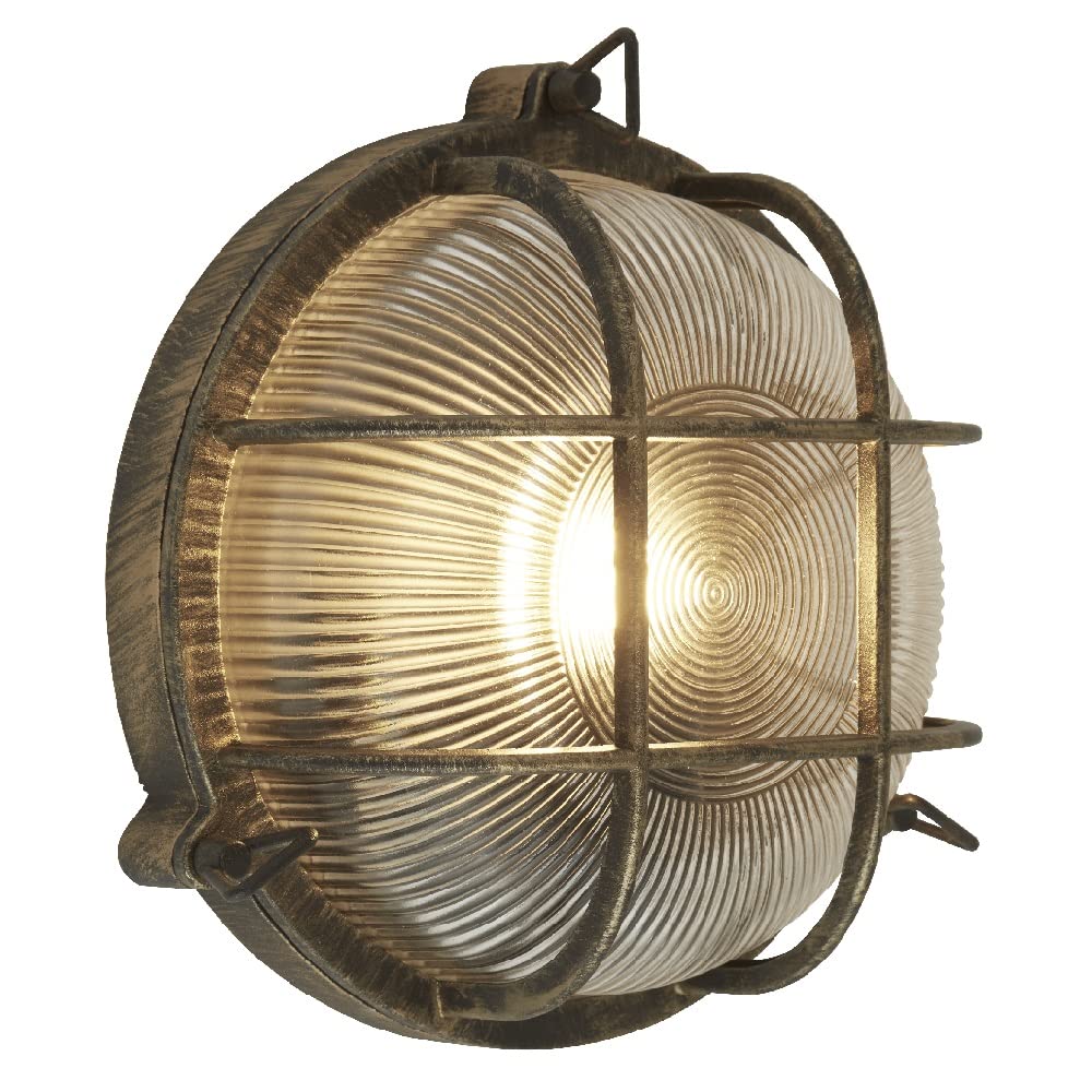 Britalia Antique Brass & Ribbed Glass Outdoor Vintage Round Flush Bulkhead Wall Light | 280Mm Diameter | Ip44 Rated | 1 X Es E27 Lamp Bulb Required | Bathroom Use | Uk Approved
