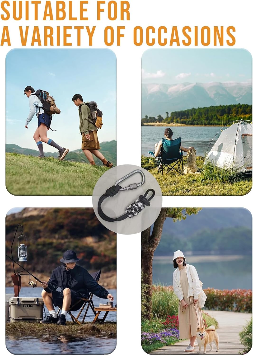 2-Pack Paracord Water Bottle Carrier Clip with Locking Carabiner, Adjustable Handle Strap for Backpacks & Belts, Securely Fits Bottles Up to 3.15", Hands-Free Hiking & Travel Accessories
