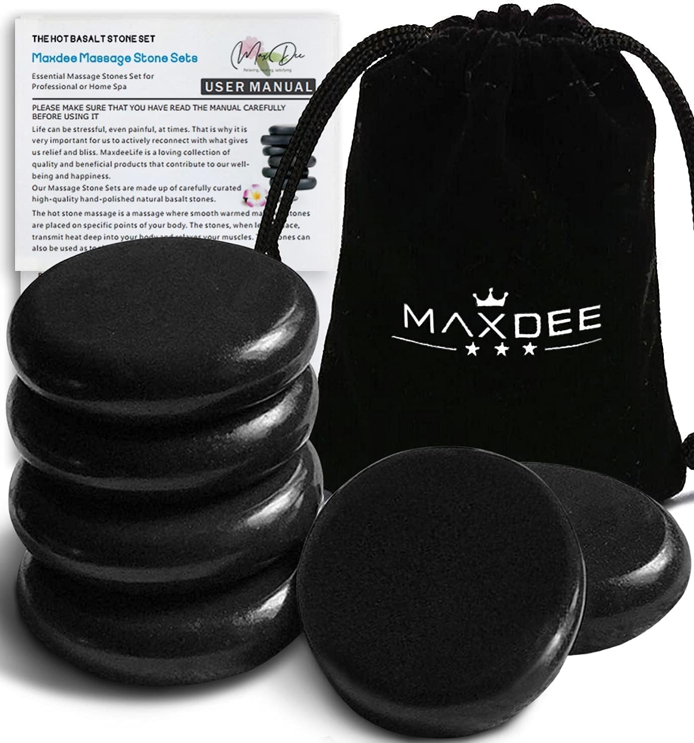 Maxdee Massage Stones Essential Hot Stones for Massage, 6 Medium Hot Stones Massage Kit Hot Rocks Massage Stones for Professional or Home Spa, Foot Heater, Relaxing, Healing, Pain Relief, 2.4"