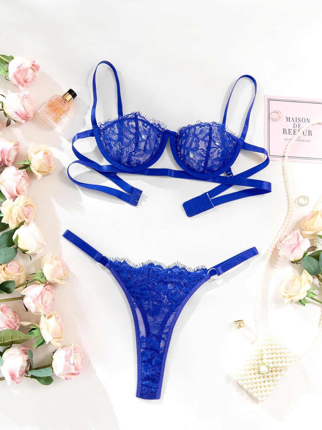 Lilosy Sexy Eyelash Underwire Floral Lace Sheer O Ring Linked Cutout Lingerie Set - Image 7