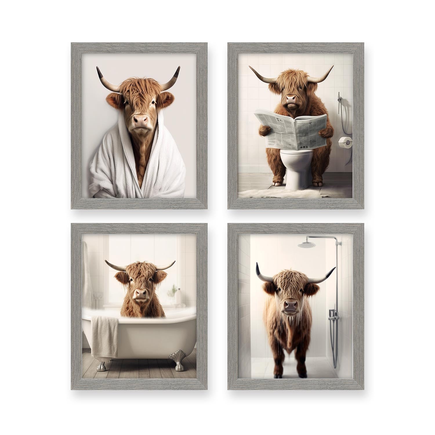 heilkee Funny Highland Cow Bathroom Decor Animal Bathroom Wall Art Brown Cattle in Bathtub Picture Rustic Farmhouse Style Posters Prints Cow in Toilet Decorations Set of 4(Gray Framed, 8x10in)