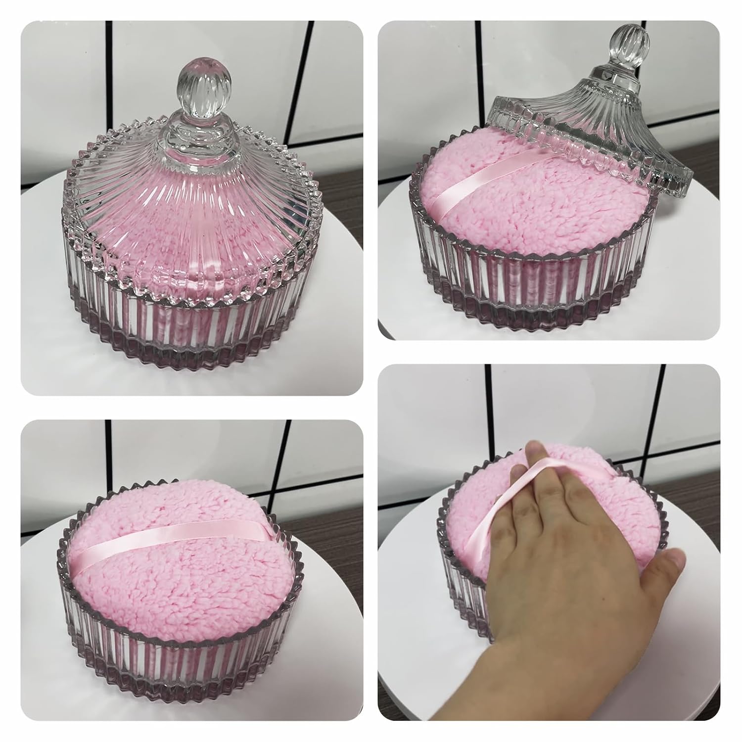 Body Powder Puff and Container Extra Large, 6" Crystal Glass Storage Jars with Oversize Dustproof Lid for Loose Powder with Soft Washable Reusable Fluffy Puff Perfect for Skin Care