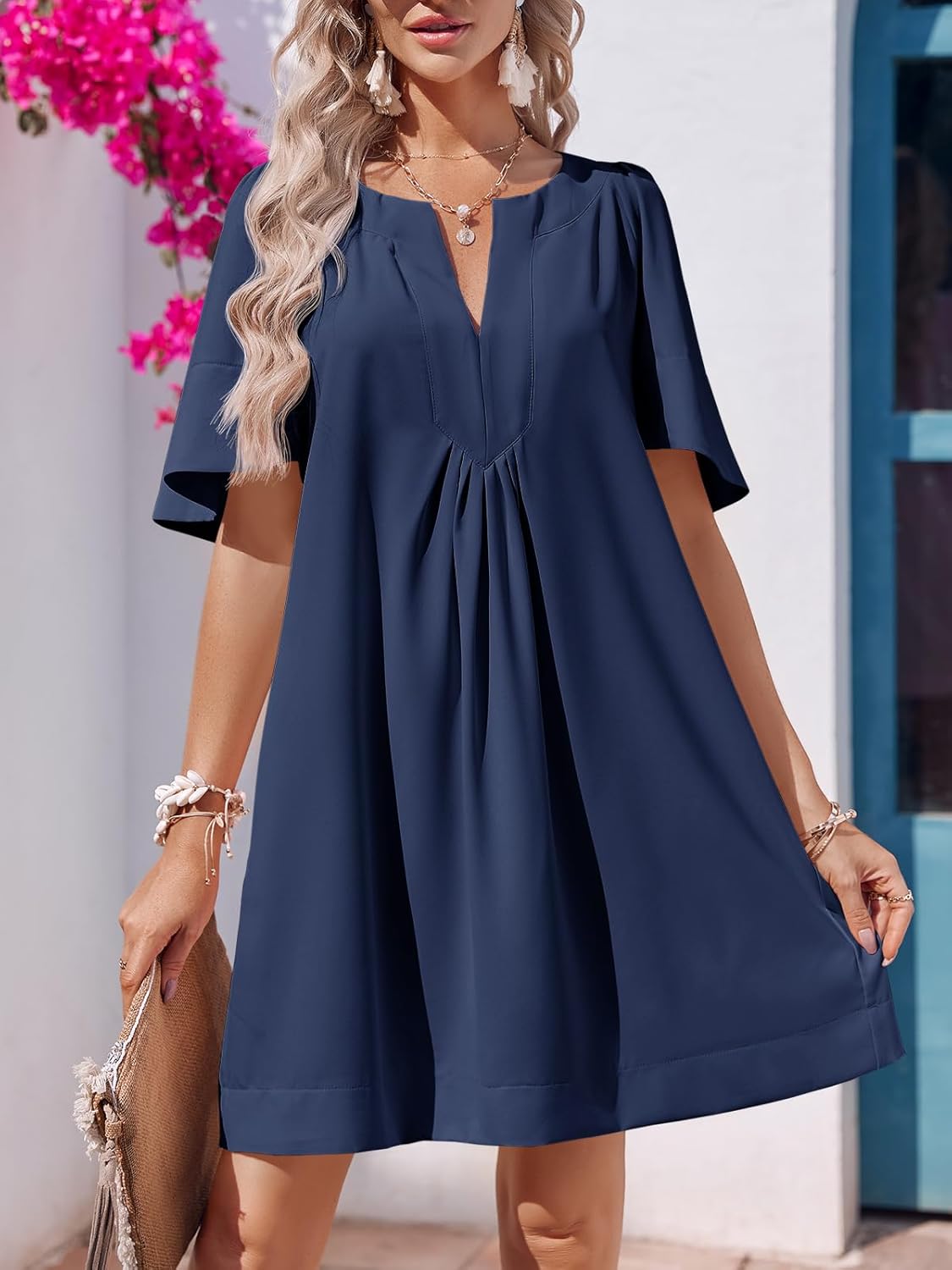 Wenrine Womens Flutter Short Sleeve Mini Dress Casual V Neck Loose Flowy Summer Dresses - Image 2