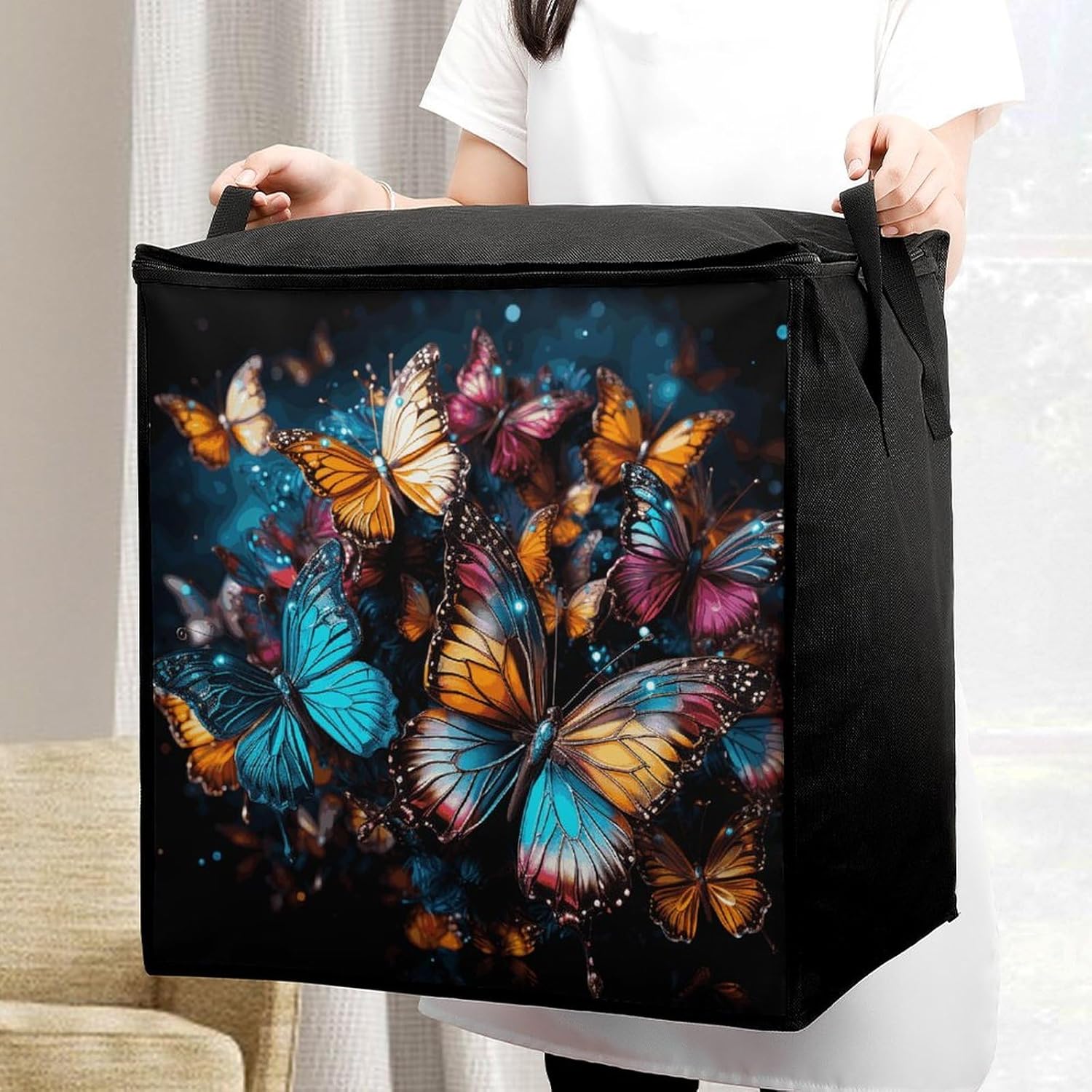 Portable Quilt Storage Bag,Colorful Butterflies Flying Around on Black Background Printed Foldable Wardrobe Storage Box Foldable Storage Bag with Lids And Handle Large Clothing Storage Bag for Comfort