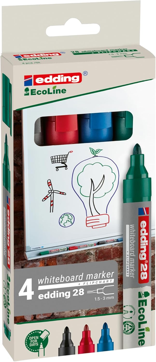 edding 28 Ecoline whiteboardmarker set - zwart, rood, blauw, groen - 4 whiteboardstiften - ronde punt 1,5 - 3 mm - boardmarker uitwisbaar - voor whiteboard, flipchart, prikbord, memobord - navulbaar