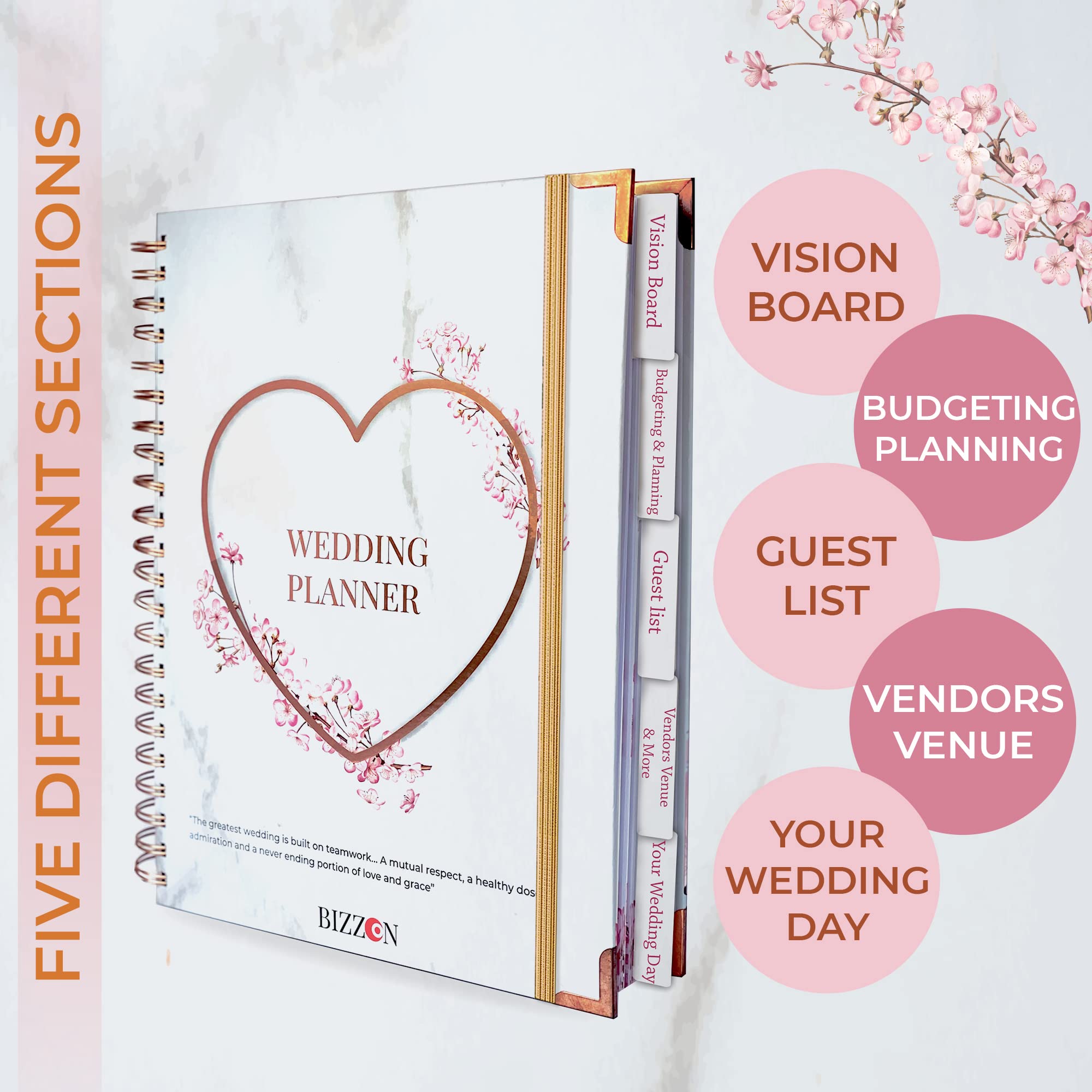 Bizzon Hochzeitsplaner (22,9 x 27,9 cm) mit 5 Registerkarten und 7 Innentaschen, 18 Monate CountdownKalender, Metallecken und elastischem Band – Hochzeitsplanerbuch und Organizer für die Braut 2022