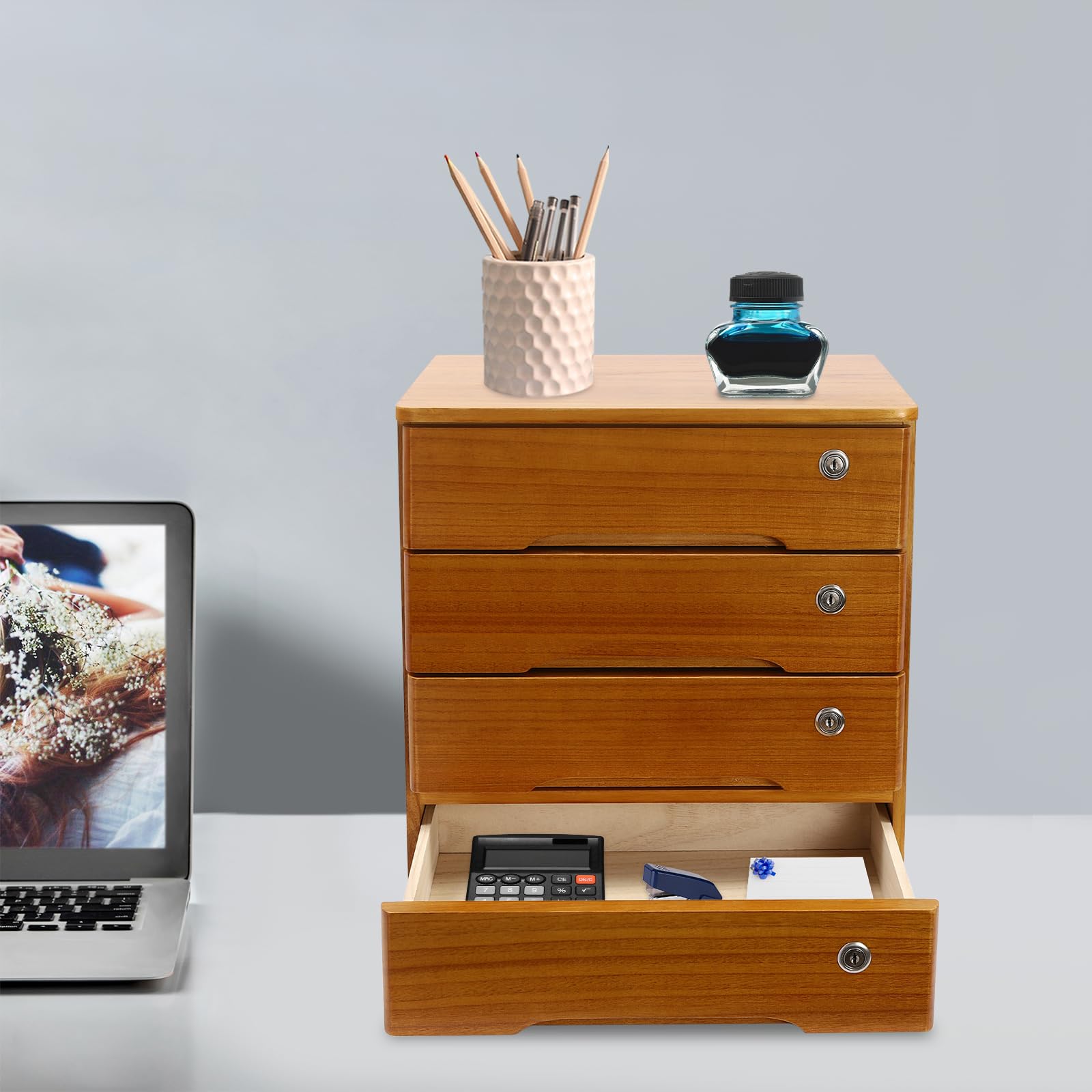 Schubladenbox Holz mit 4 Schubladen Abschließbare Schreibtisch Organizer Mini Aufbewahrungsschrank Büro Dokumenten Organizer Tischkommode mit Schloss für Büro Schlafzimmer