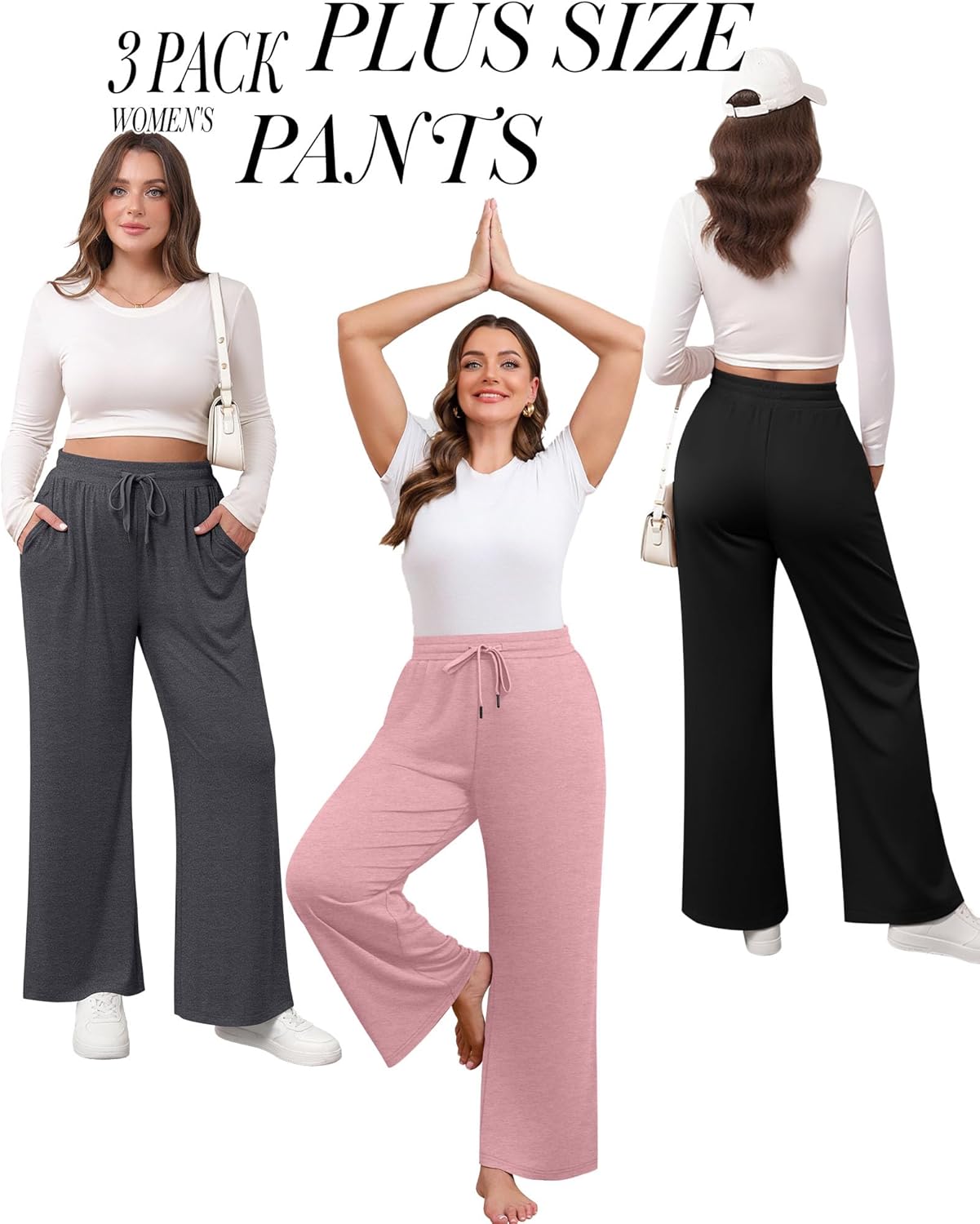 Huukeay 3 Pack Women's Plus Size Pants Wide Leg Yoga Pants Baggy Lounge Sweatpants with Pockets Drawstring High Waist Jogger - Image 5